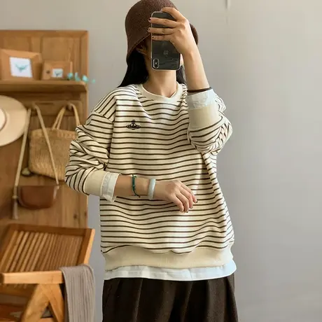 dza 复古圆领套头假两件加绒卫衣外套女冬条纹内搭上衣宽松长袖衫图片