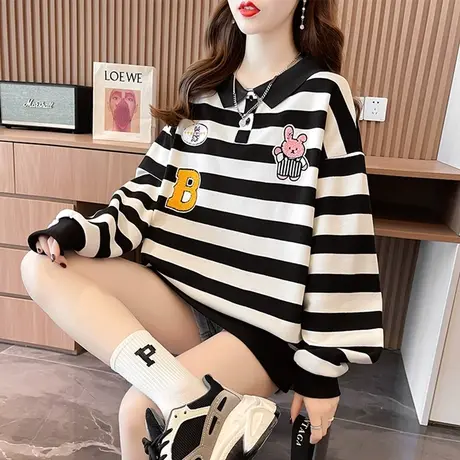 卫衣女春秋季韩版宽松薄款bf慵懒风ins日系小个子条纹上衣外套潮图片