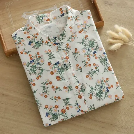 日系文艺小清新碎花衬衫女立领气质纯棉宽松百搭上衣长袖印花衬衣图片