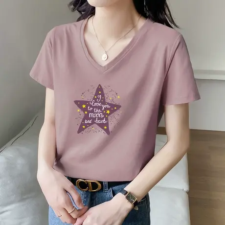 纯棉短袖V领t恤女夏季上衣2022年新款桃心领宽松休闲洋气百搭体恤图片