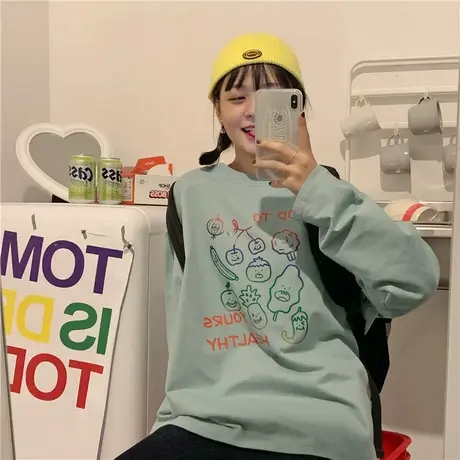 2023春装新款韩版薄款慵懒风原创设计宽松ulzzang纯棉长袖卫衣女商品大图