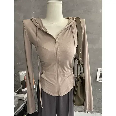 纯欲风～辣妹薄款长袖T恤修身拉链连帽运动卫衣显瘦上衣防晒外套商品大图