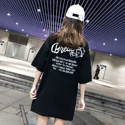 夏装2023新款韩版上衣宽松欧货大版黑色t恤女短袖中长款嘻哈bf风商品大图