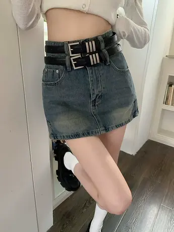 辣妹复古牛仔半身裙女春季双腰带半裙高腰显瘦小个子短裙包臀裙子图片