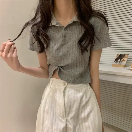 翻领polo衫短袖女薄款夏季修身韩版高腰露脐短款t恤小众法式上衣商品大图