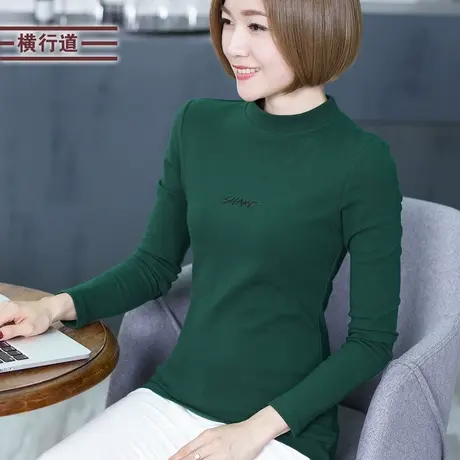 半高领妈妈中年打底衫春装大码修身长袖t恤女装字母上衣刺绣体恤商品大图