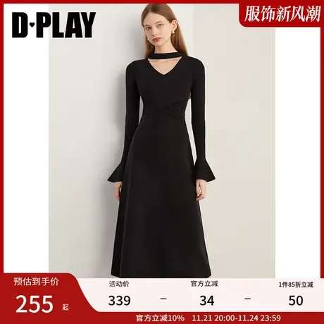 DPLAY春新气质半高领喇叭袖黑色内搭针织连衣裙毛衣长裙女图片