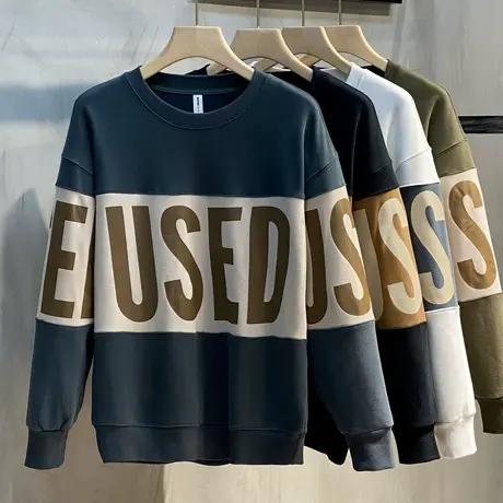 时尚撞色圆领卫衣男宽松潮流加绒印花长袖2023秋冬外穿套头外套春商品大图