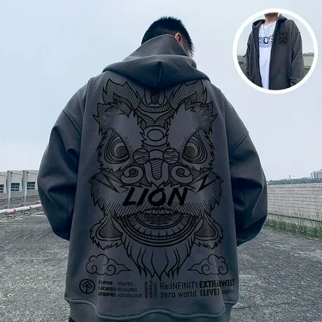 潮牌大码男装加肥加大国潮醒狮连帽加绒拉链开衫卫衣男潮秋冬外套商品大图