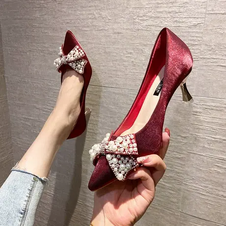 永希单鞋女2024年春季新款尖头蝴蝶结珍珠秀禾服鞋子浅口法式婚鞋商品大图