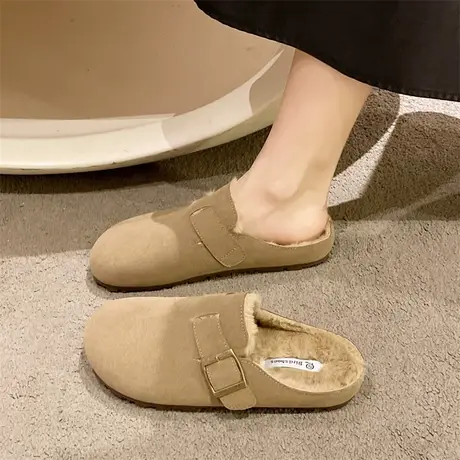 永希包头半拖鞋女2023早秋新款法式复古加绒毛毛鞋平底休闲勃肯鞋商品大图