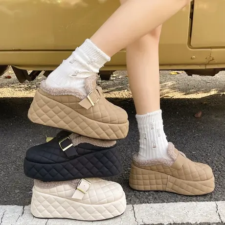 坡跟高跟毛毛拖鞋女外穿2023秋冬新款包头半拖鞋厚底棉拖穆勒鞋子商品大图