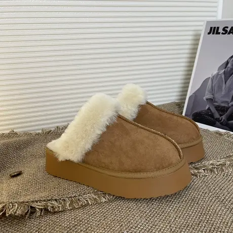 厚底毛毛包头半拖鞋女外穿冬季2023新款保暖加绒加厚雪地靴棉拖鞋商品大图