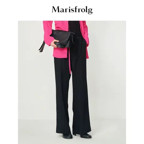 【无压力系列】玛丝菲尔时尚气质简约褶线肌理显瘦黑色微喇长裤女商品大图