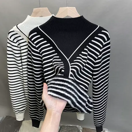 一体绒半高领毛衣女加绒加厚打底衫2023秋冬新款针织衫假两件上衣商品大图
