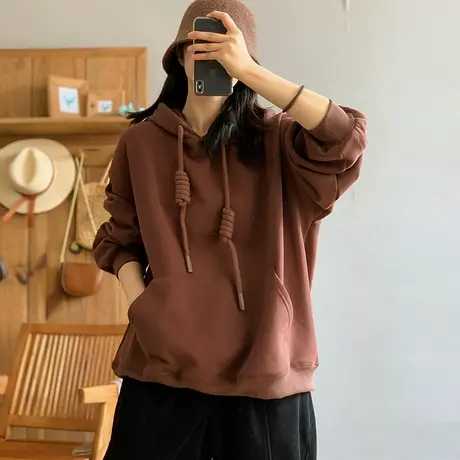 dza 复合加厚宝宝绒卫衣外套女冬季加绒连帽粗绳纯色口袋长袖上衣图片