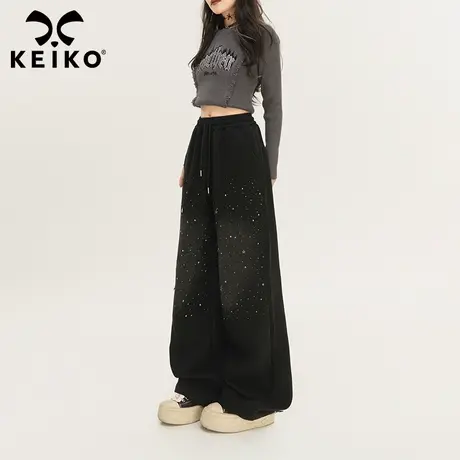 KEIKO 重工水钻烫花休闲裤女2024早春高腰显瘦宽松阔腿运动卫裤子商品大图