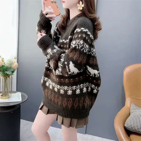 圣诞小鹿提花加厚圆领毛衣女秋冬2023年新款宽松慵懒风打底针织衫商品大图