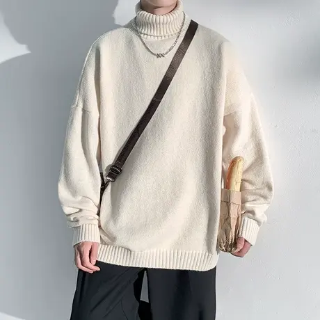 古着vintage高领毛衣男秋冬韩系慵懒风针织衫纯色百搭叠穿打底衫图片