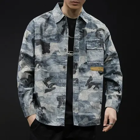 春季2024新款衬衫男长袖春秋款男装大码男士衬衣外套休闲迷彩工装商品大图