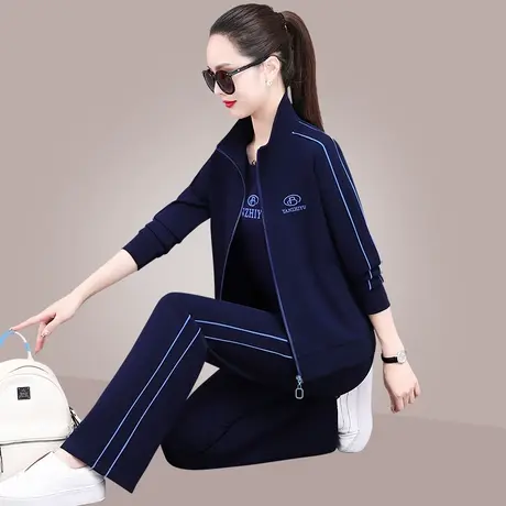女士直筒裤休闲运动套装2024春秋新款舒适时尚立领卫衣外套三件套商品大图