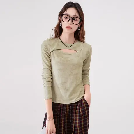 othermix 设计感纯欲长袖T恤女2024春季新款休闲百搭打底衫上衣短图片