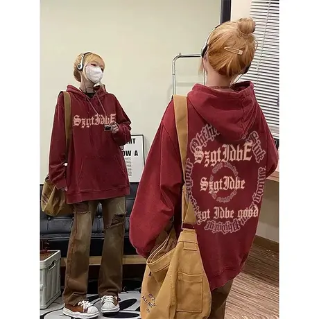 秋冬加绒加厚连帽卫衣女美式复古潮牌hiphop宽松慵懒小众高街外套商品大图