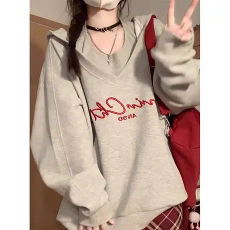 美式复古华夫格卫衣女春秋季薄款宽松慵懒风chic设计感两件套上衣图片