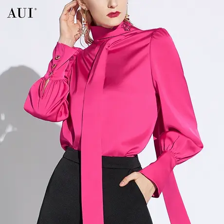 AUI粉色御姐气质炸街衬衫女2024春秋新款缎面立领上衣高级感衬衣商品大图
