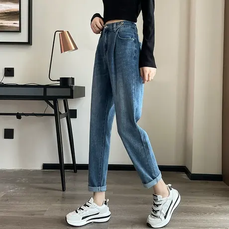 高腰哈伦牛仔裤女春秋高腰宽松显瘦梨形身材遮胯小个子老爹萝卜裤图片
