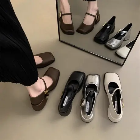 法式复古玛丽珍鞋银色乐福小皮鞋秋冬浅口鞋配裙子高跟单鞋女鞋子商品大图