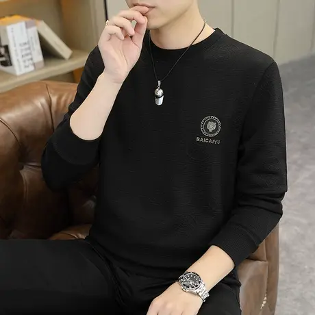 圆领卫衣男士2023秋冬季潮牌无帽长袖T恤时尚提花运动男装上衣服图片