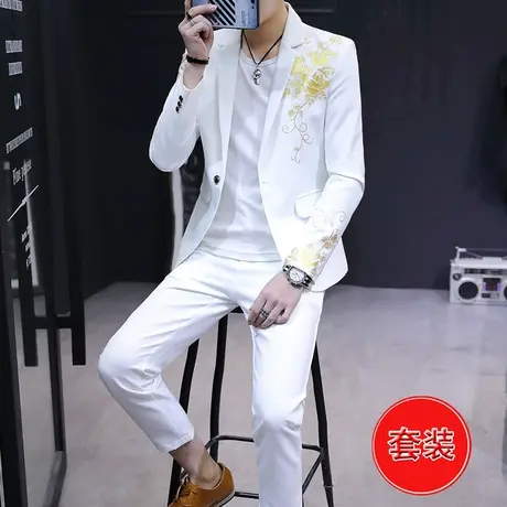 潮男夜场个性西装社会人韩版烫金小西服套装发型师帅气休闲两件套商品大图
