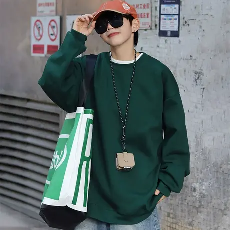 港风330g重磅纯棉t恤男长袖春秋季新款纯色体恤T男士圆领休闲卫衣商品大图