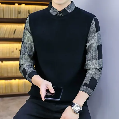 假两件长袖衬衫男春秋季韩版修身商务休闲格子衬衣秋装上衣服外套商品大图