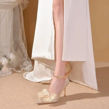 防掉绑带水晶新娘婚鞋秀禾主婚纱两穿香槟色高跟鞋女不累脚高级感商品大图