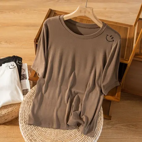 中袖棉质T恤纯色笑脸图案文艺复古宽松休闲上衣薄款初秋2022新款图片