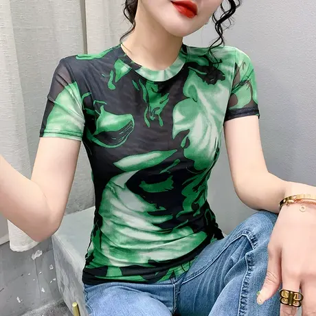 时尚印花网纱T恤女短袖夏季2023新款显瘦显瘦ins洋气百搭圆领上衣商品大图