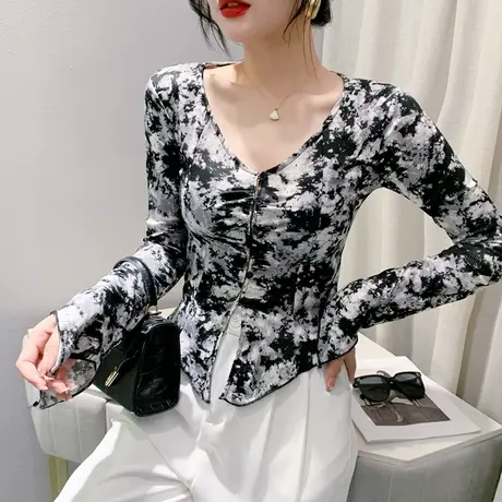 性感V领打底衫女内搭长袖初秋设计感小众开叉上衣时尚扎染印花T恤商品大图