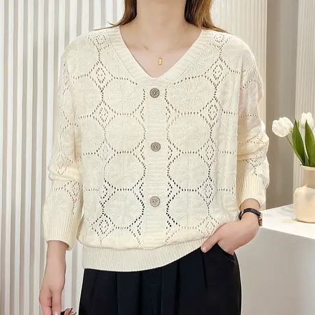 2023秋季新款v领宽松镂空薄款针织衫薄款毛衣长袖打底衫洋气百搭图片
