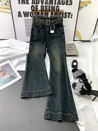 复古磨白配腰带牛仔喇叭裤2023秋季新款显瘦百搭高腰裤弹力马蹄裤商品大图
