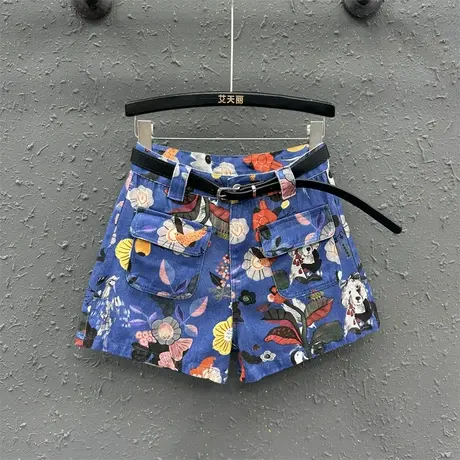 欧货2023春夏图气质印花牛仔短裤女高腰显瘦a字阔腿裤热裤夏季潮图片