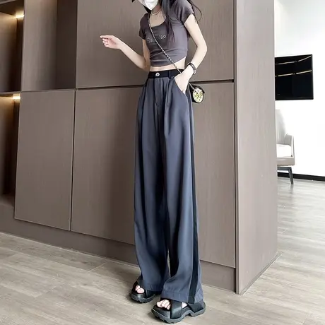灰色西装阔腿裤女2023年春秋新款高腰垂感宽松显瘦休闲拼色直筒裤商品大图