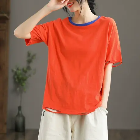 dza白色纯棉破洞t恤女士短袖2022新款宽松上衣百搭短款体恤打底衫商品大图