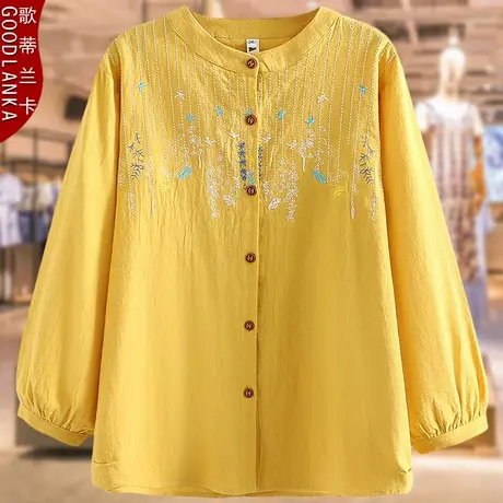 加肥加大码中老年妈妈秋装上衣2023新款宽松洋气刺绣棉麻长袖衬衫商品大图