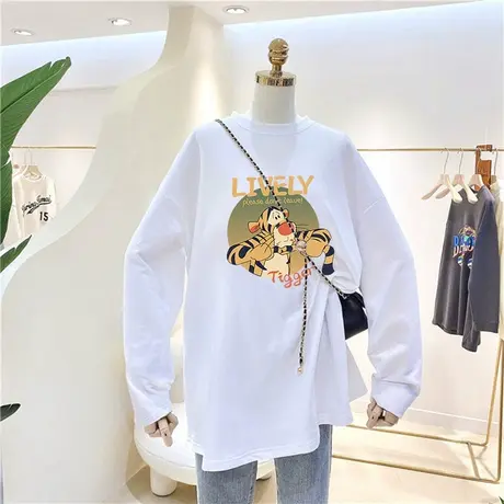 中长款叠穿洋气打底衫跳跳虎白色内搭秋季韩版宽松长袖t恤女纯棉图片