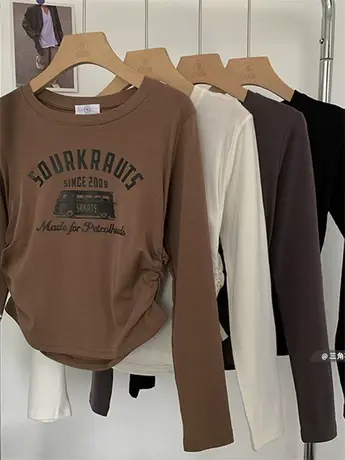 美式设计感甜辣短款chic长袖T恤女别致辣妹春季新款修身显瘦上衣图片