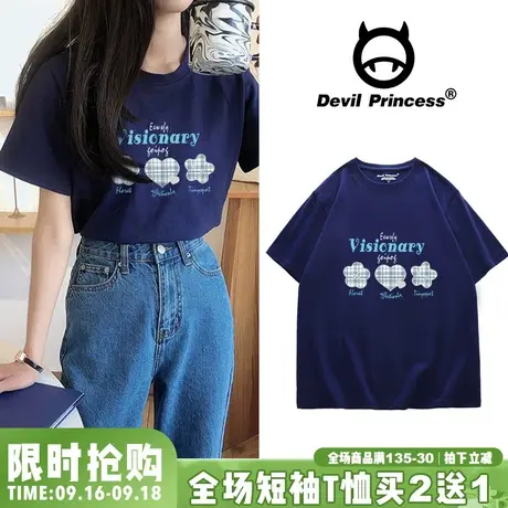 美式复古短袖t恤女夏2023宽松韩版ins潮oversize学生体恤半袖上衣商品大图