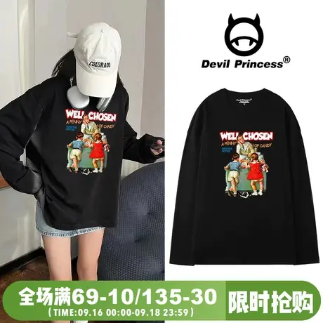 港风复古vibe黑色长袖t恤女oversize韩版ins小众美式印花内搭上衣图片