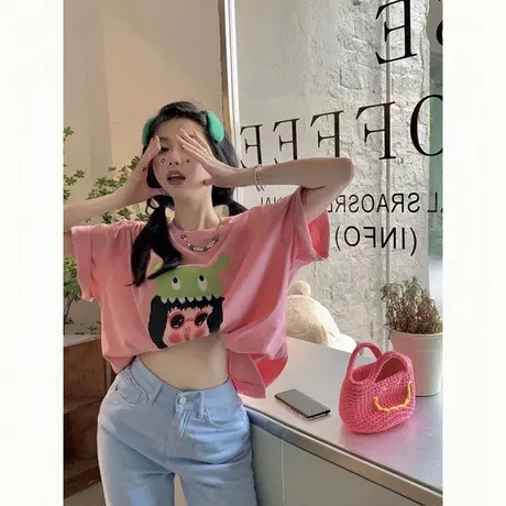 夏季纯棉短袖t恤女ins潮韩版宽松百搭小众设计感半袖港味chic上衣图片